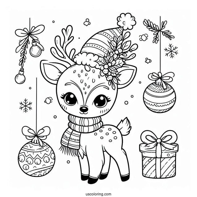 Christmas Coloring Pages For Adults Of Cute Reindeer With Christmas Baubles And Santa Hat