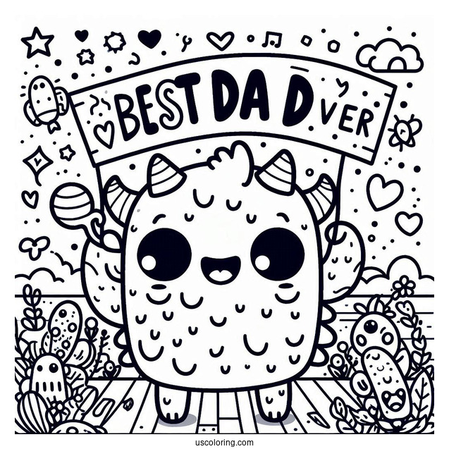 Father's Day Coloring Page Of Kawaii Monster With Best Dad Ever Sign For Kids