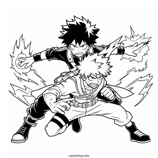 Katsuki Bakugo Fighting Alongside Deku Coloring Page