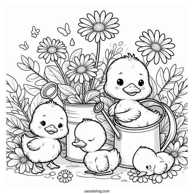 Spring Ducklings In A Watering Can Surrounded by Daisies Coloring Sheet