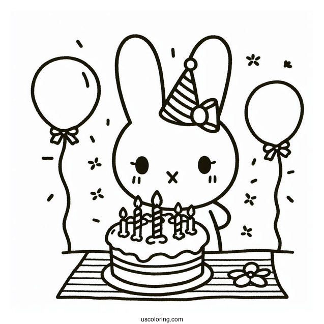 Miffy Coloring Page Celebrating Birthday With Streamer And Cake For Kids