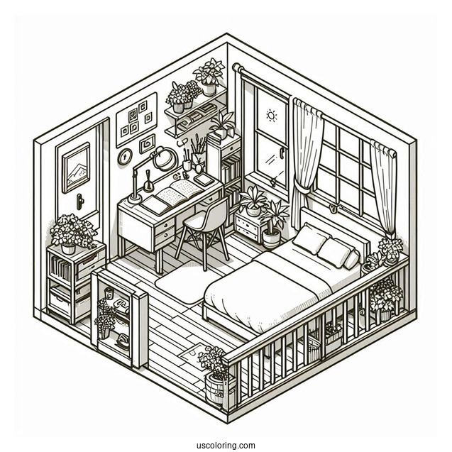 Small Isometric Bedroom Coloring Page With Study Desk And Balcony