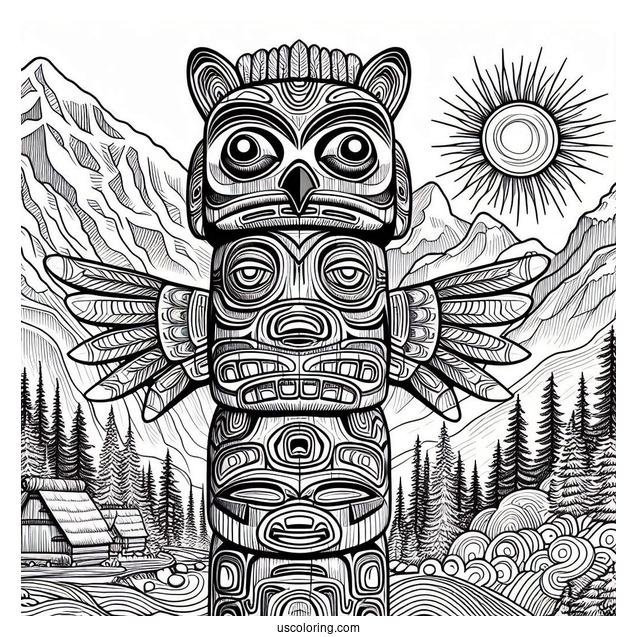 Detailed Native American Coloring Page Totem Pole