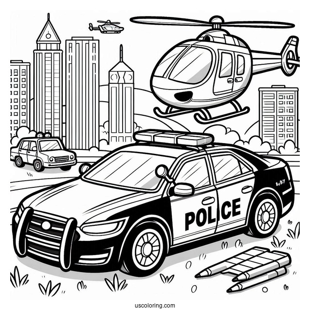 Police Car Coloring Page And Helicopter In The City