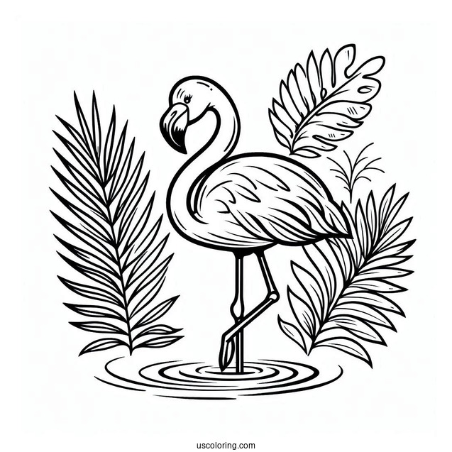 Summer Themed Flamingo With Tropical Leaves