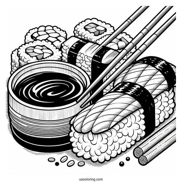 Uramaki, Nigiri, And Temari Sushi Coloring Pages With Chopsticks And Soy Sauce