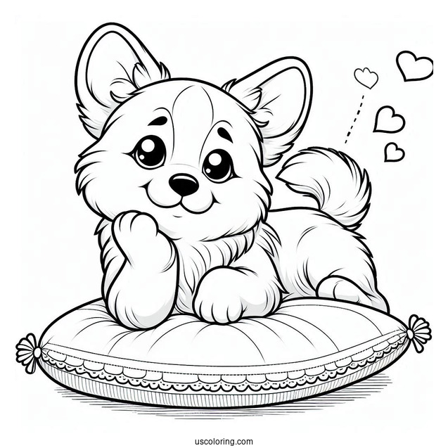 Corgi Coloring Page Sending Flying Kiss While Lying On Cushion