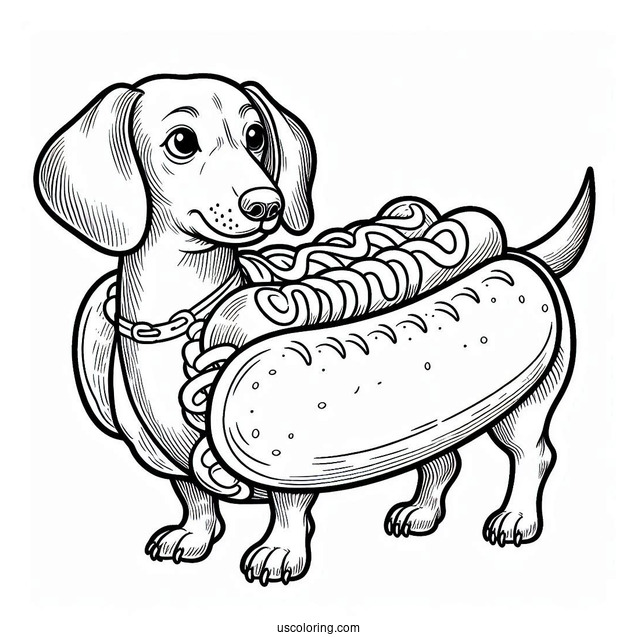 Dachshund Coloring Page In Hotdog Costume