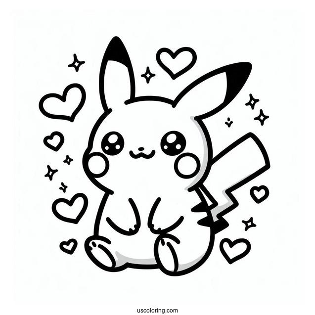 Cute Coloring Page Of Easy Pikachu With Love Hearts For Preschoolers