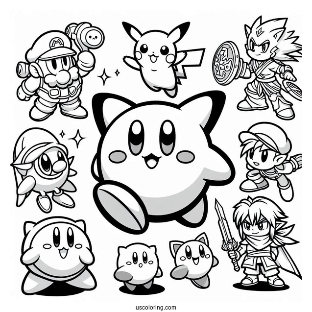 Kirby, Pikachu, Zelda, Sonic, And Little Mac Super Smash Bros Coloring Page