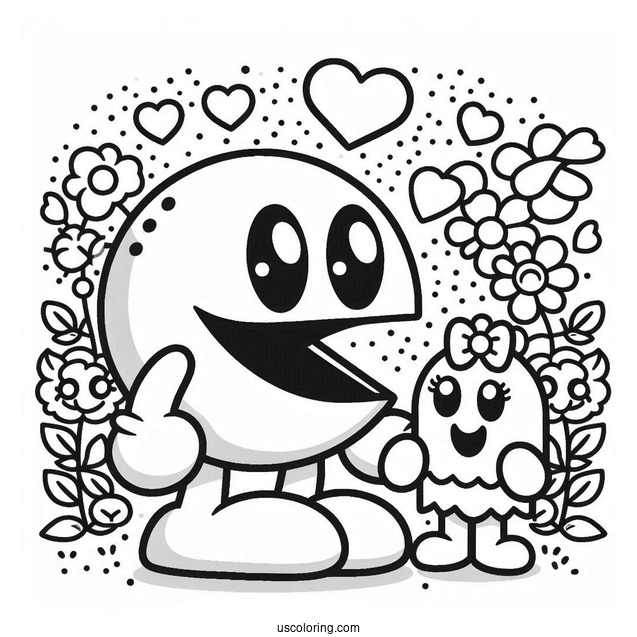 Pac Man With Mrs. Pac-Man Coloring Page And Baby In The Garden