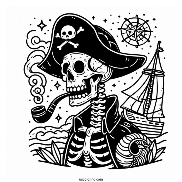 Pirate Coloring Page Skeleton With Hat, Cloak, And Pipe