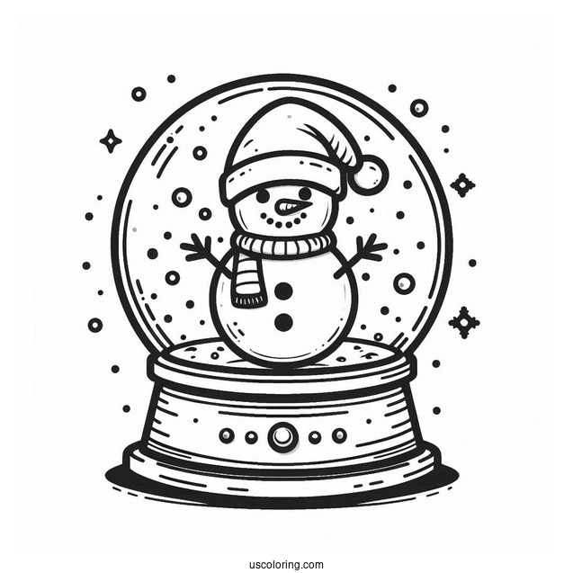 Snow Globe Coloring Page With A Snowman Wearing A Santa Hat