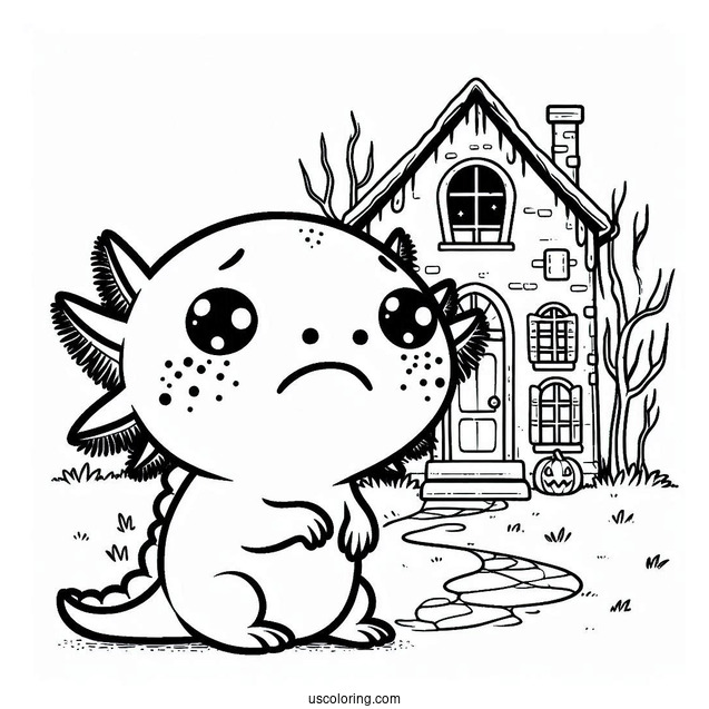 Sad Axolotl Coloring Page Outside A Haunted House