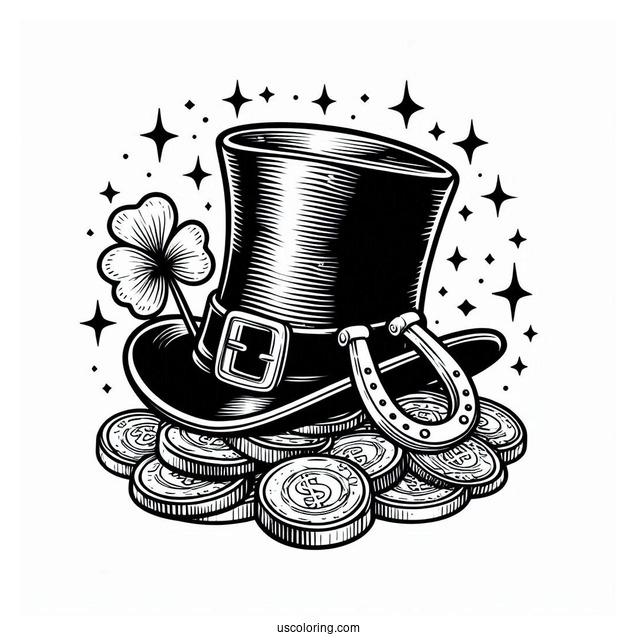 St Patrick_s Hat With Gold Coins And Horseshoe To Color