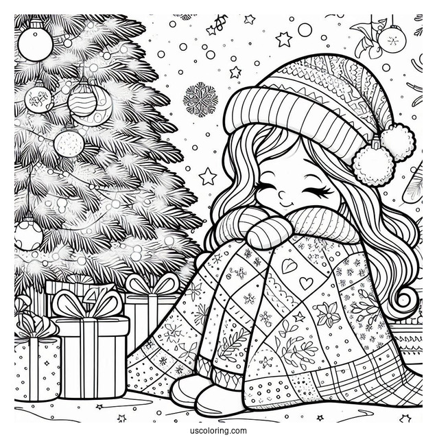 Christmas Coloring Pages For Adults Of Cartoon Woman Wrapped In Quilt In Front Of Christmas Tree