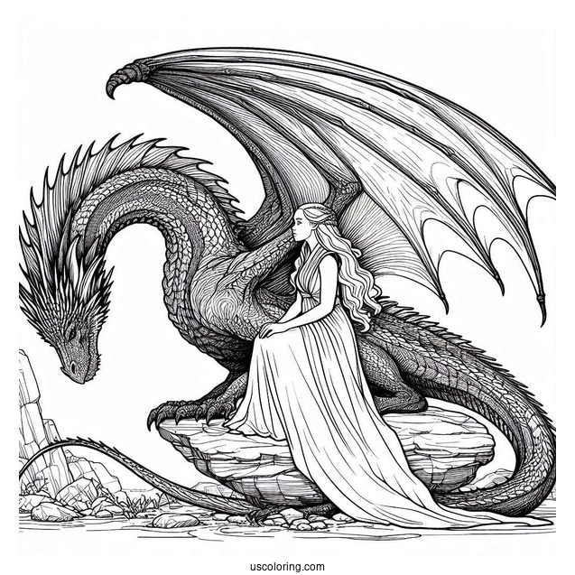 Daenerys Targaryen Sitting On A Rock Next To Her Dragon