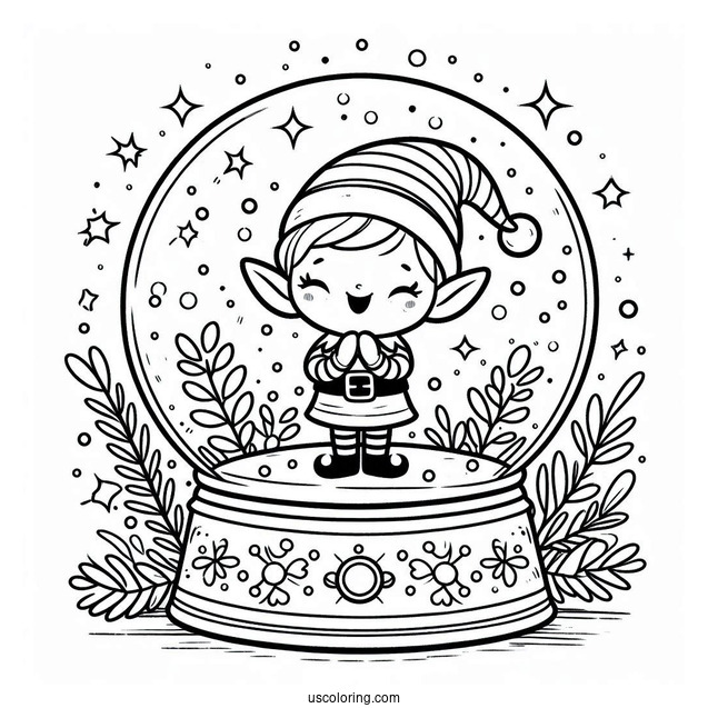 Cheerful Elf Snow Globe Coloring Page