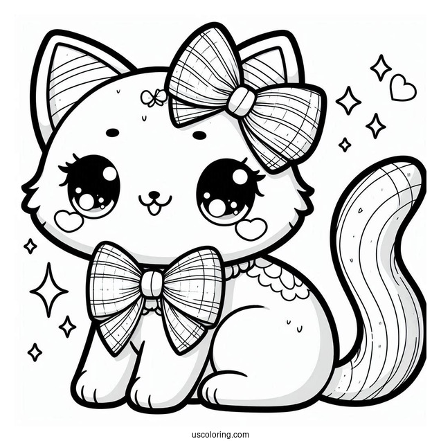 Kawaii Female Cat With Bow Coloring In