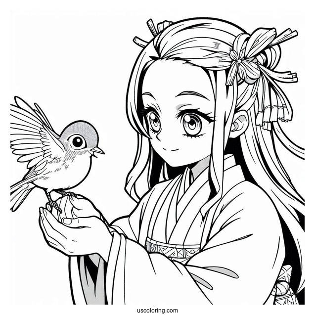 Nezuko Coloring Page And Tanjiro Holding Bird