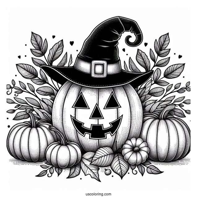 Pumpkin Coloring Page Of Detailed Jack O Lantern Wearing Witch Hat And Leaves