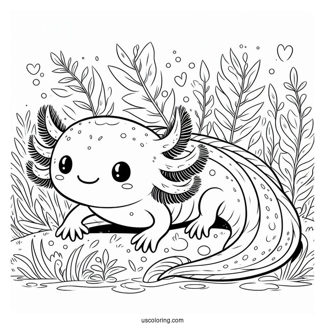 Cheerful Axolotl Coloring Page Swimming Through Weeds