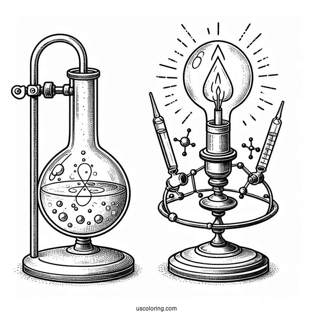 Science Coloring Page Of Volumetric Flask Being Heated On Stand Above Alcohol Lamp