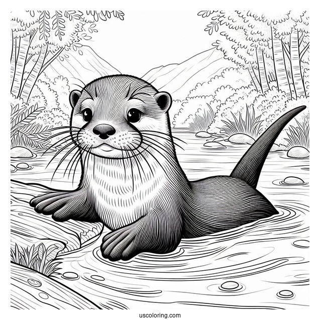 Realistic Otter Coloring Page Floating On River