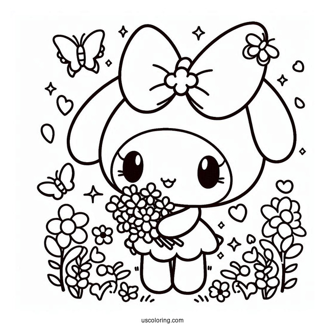 Kawaii My Melody Coloring Page Picking Flowers