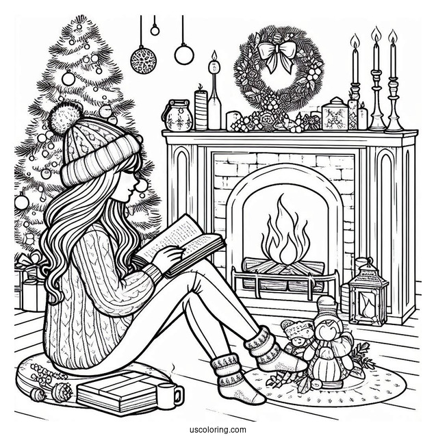 Christmas Coloring Pages For Adults Of Woman Sitting Beside The Fireplace With A Book On Christmas