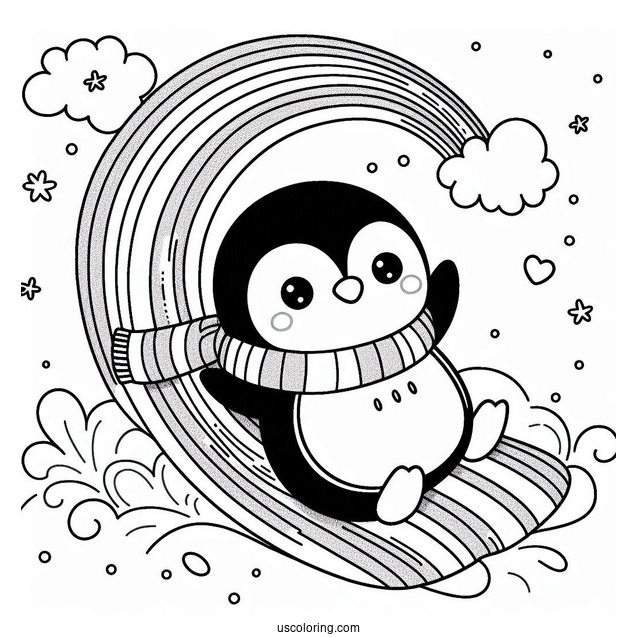 Cute Penguin With A Scarf Sliding Down A Rainbow