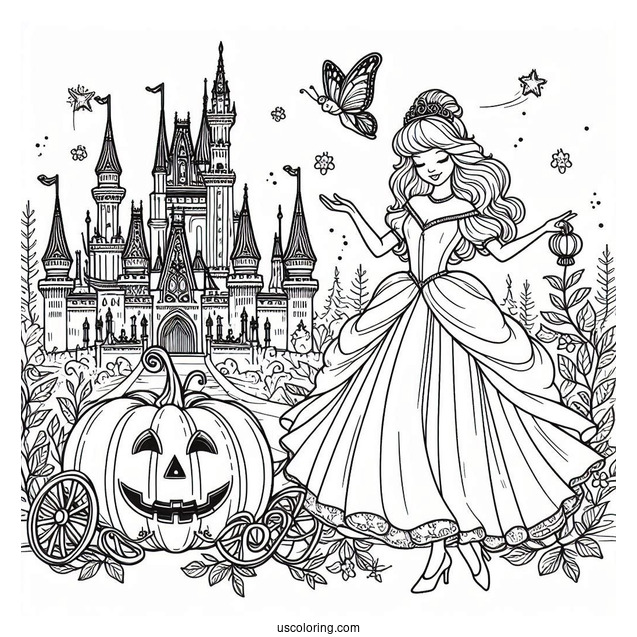 Cinderella With Pumpkin Coach, Castle And Fairy Godmother