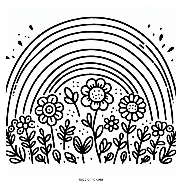 Easy Rainbow With Flowers Coloring Page For Preschoolers
