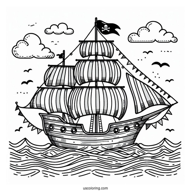 Cute Pirate Ship Coloring Page With Striped Sails At Sea