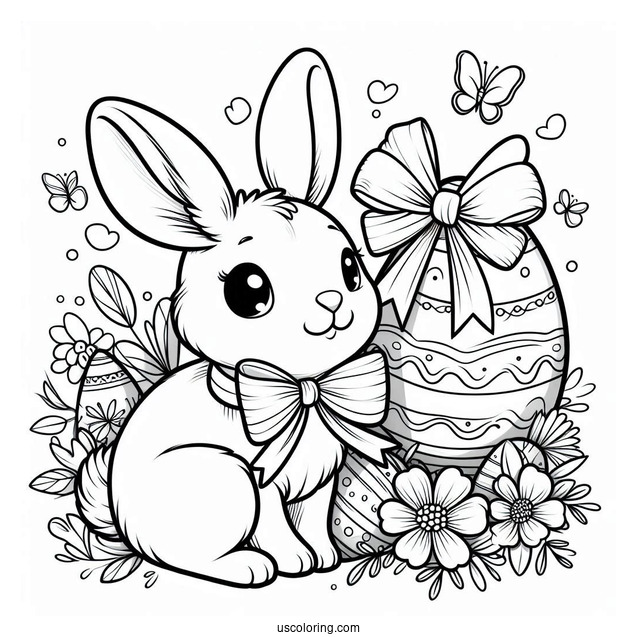 Easter Bunny Coloring Page With Large Bow And Easter Egg