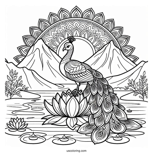 Mandala Peacock Coloring Page Standing on Lotus in Mountain Landscape