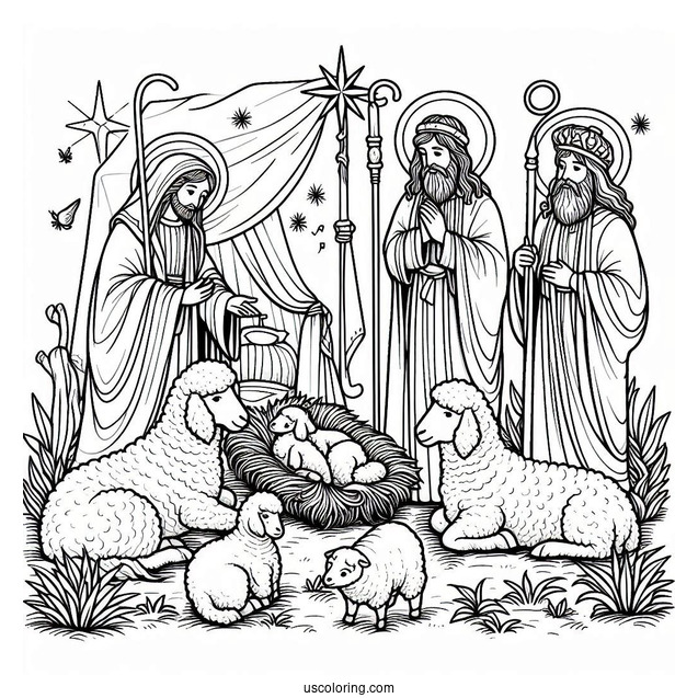 Nativity Coloring Page With Shepards And Kings