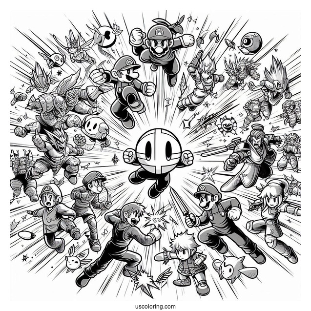 Super Smash Bros Coloring Page Of Characters Fighting For Kids
