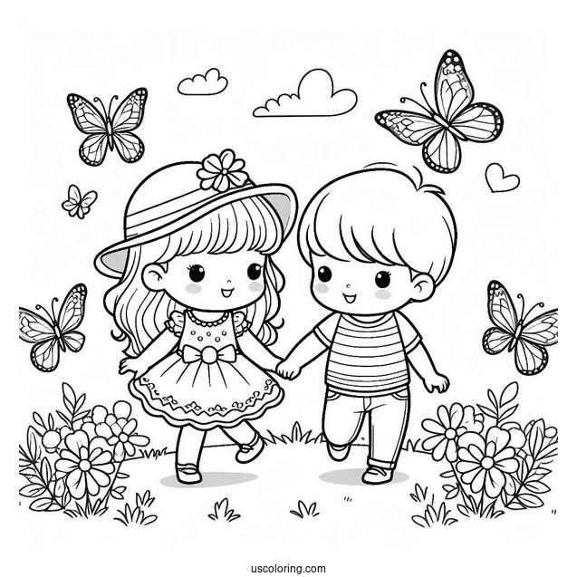 Boy And Girl Playing In Nature With Butterflies