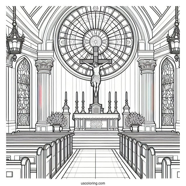 Church Coloring Page Interior With Pews, Stained Glass, And The Crucifixion