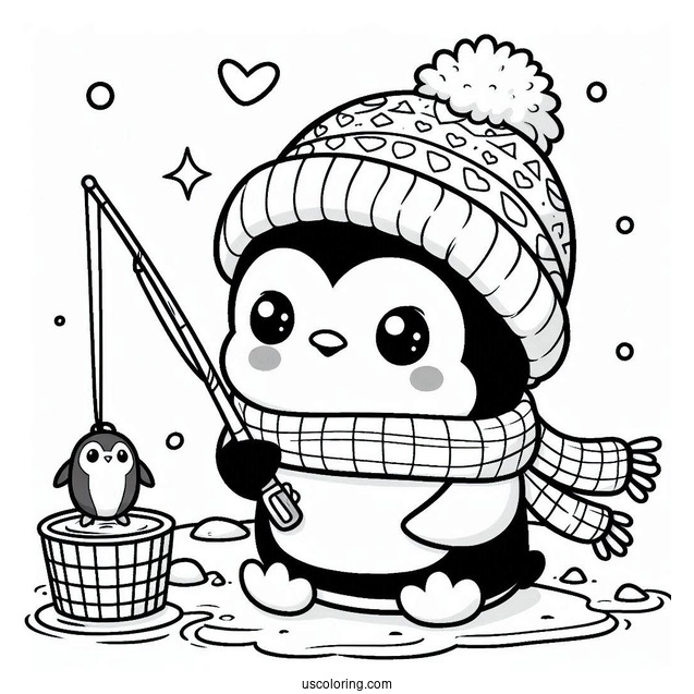 Chibi Coloring Page Penguin with Hat and Scarf Ice Fishing in Winter