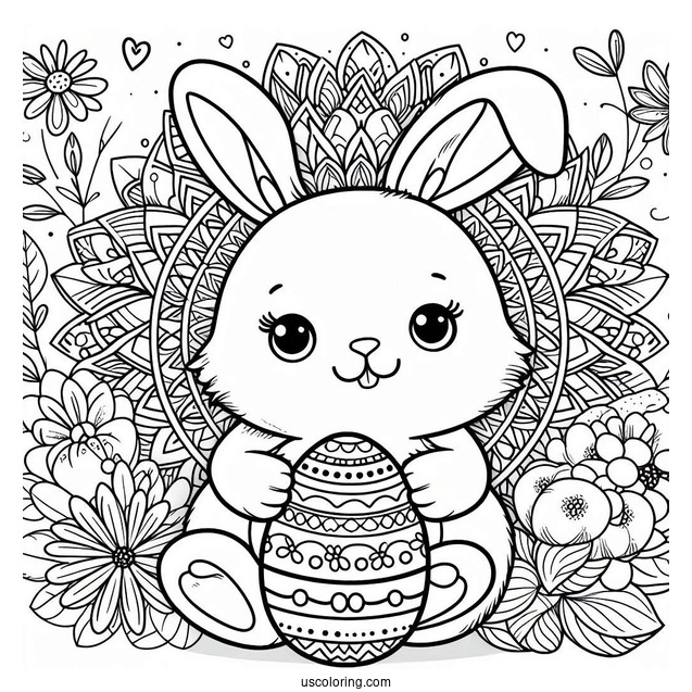Bunny Holding Easter Egg In Front Of Flower Mandala