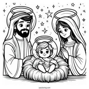 Nativity Coloring Page Of Joseph, Mary, And Jesus With Haloes