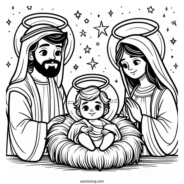 Nativity Coloring Page Of Joseph, Mary, And Jesus With Haloes