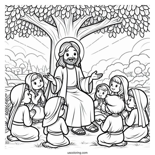 Cartoon Jesus Coloring Page Teaching Children Under The Tree For Kids