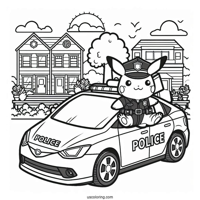 Officer Pikachu Outside Police Car Coloring Page For Kids