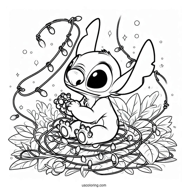 Stitch Tangled In Christmas Lights Coloring Page