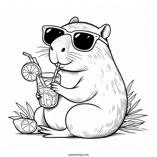 Capybara Coloring Page Wearing Sunglasses And Drinking Lemonade