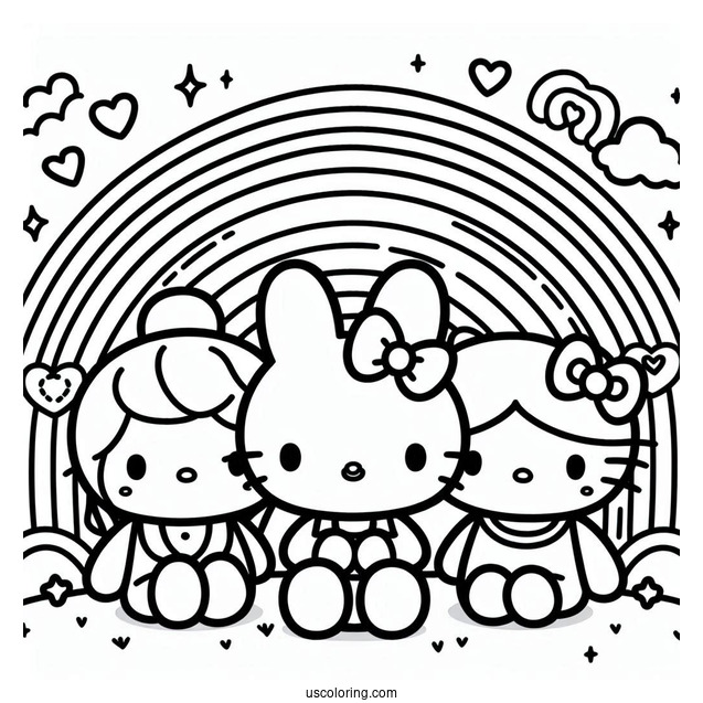 Sanrio Coloring Pages Of Friends In Front Of Rainbow