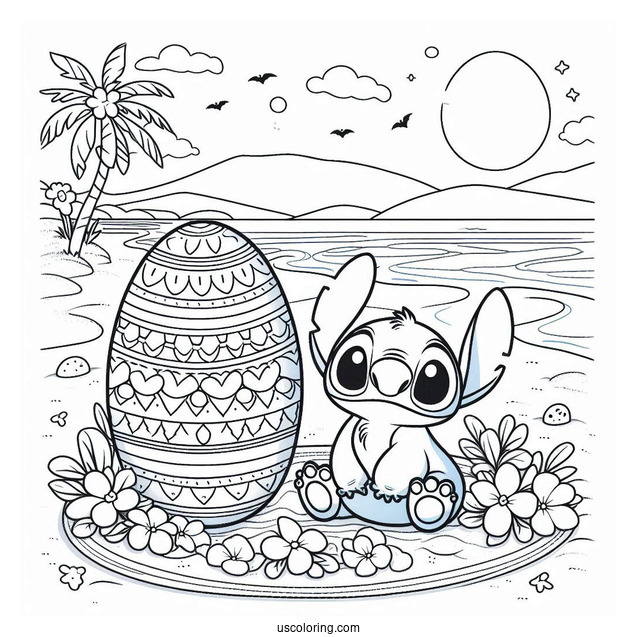 Stitch Easter Egg On A Beach Coloring Sheet